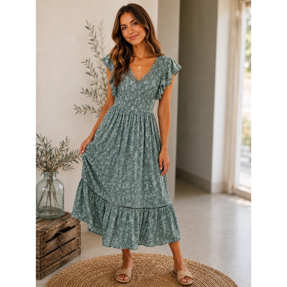 Blue B Collection Sage Green Floral Smocked Midi Dress V-Neck Flutter Sleeve M
